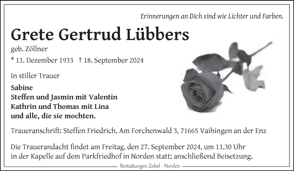  Traueranzeige für Grete Gertrud Lübbers vom 21.09.2024 aus Ostfriesischer Kurier GmbH