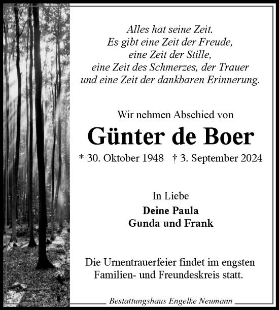 Traueranzeige von Günter de Boer von Ostfriesischer Kurier GmbH