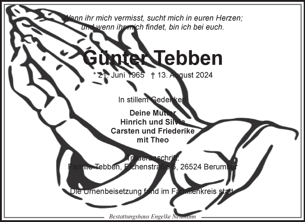  Traueranzeige für Günter Tebben vom 18.09.2024 aus Ostfriesischer Kurier GmbH