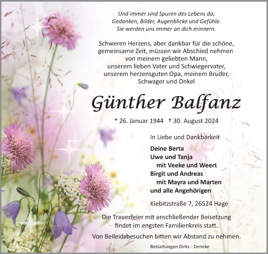 Traueranzeige von Günther Balfanz von Ostfriesischer Kurier GmbH