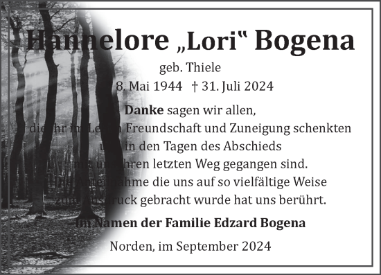 Traueranzeige von Hannelore Bogena von Ostfriesischer Kurier GmbH