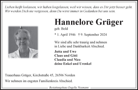Traueranzeige von Hannelore Grüger von Ostfriesischer Kurier GmbH
