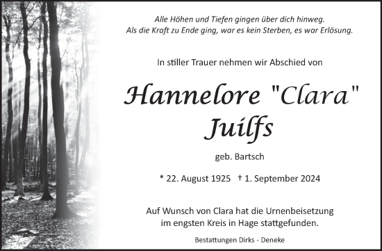 Traueranzeige von Hannelore Juilfs von Ostfriesischer Kurier GmbH