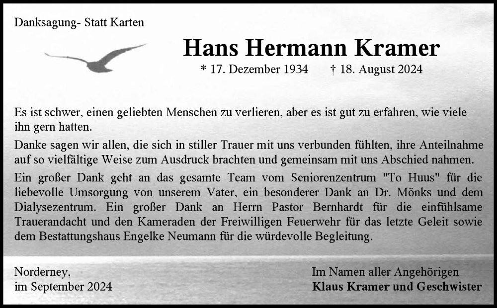  Traueranzeige für Hans Hermann Kramer vom 21.09.2024 aus Ostfriesischer Kurier GmbH