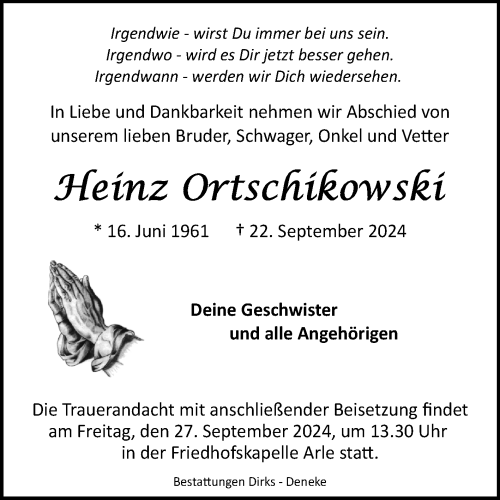  Traueranzeige für Heinz Ortschikowski vom 24.09.2024 aus Ostfriesischer Kurier GmbH