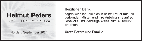 Traueranzeige von Helmut Peters von Ostfriesischer Kurier GmbH