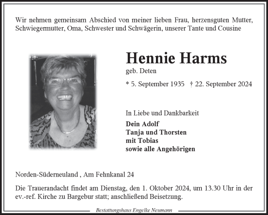 Traueranzeige von Hennie Harms von Ostfriesischer Kurier GmbH