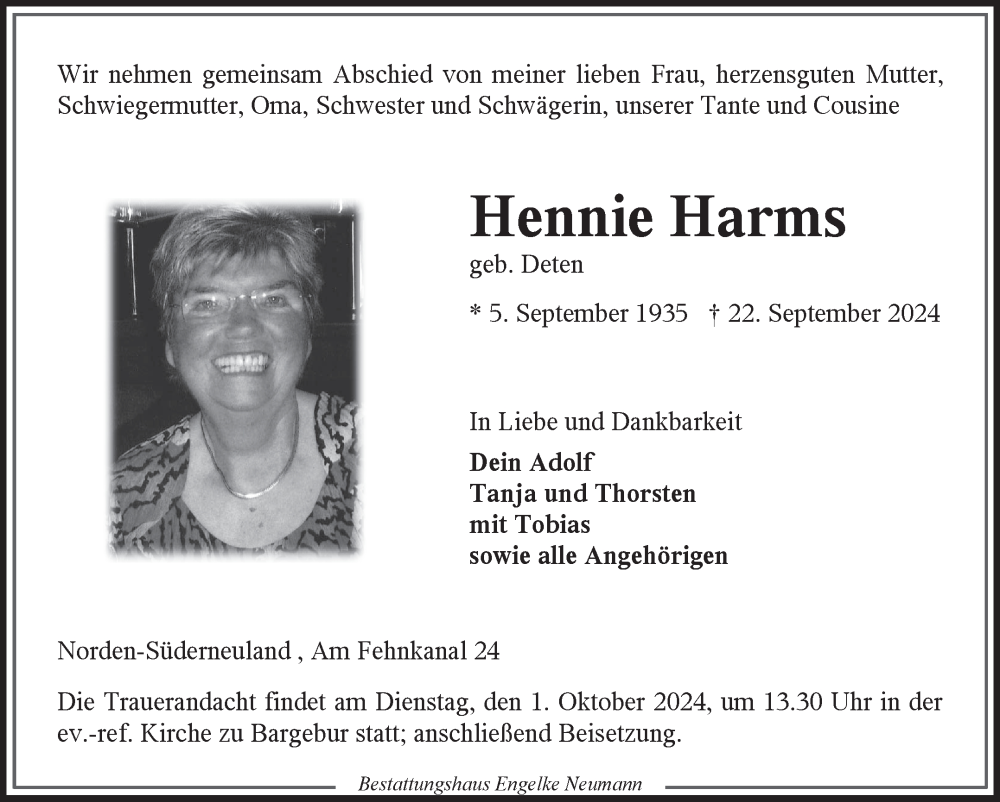  Traueranzeige für Hennie Harms vom 28.09.2024 aus Ostfriesischer Kurier GmbH