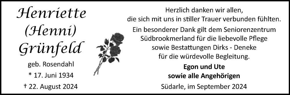  Traueranzeige für Henriette Grünfeld vom 28.09.2024 aus Ostfriesischer Kurier GmbH