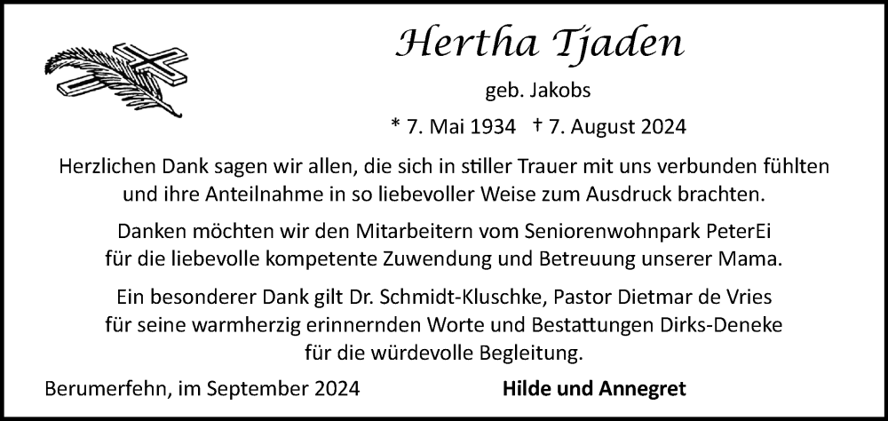  Traueranzeige für Hertha Tjaden vom 14.09.2024 aus Ostfriesischer Kurier GmbH