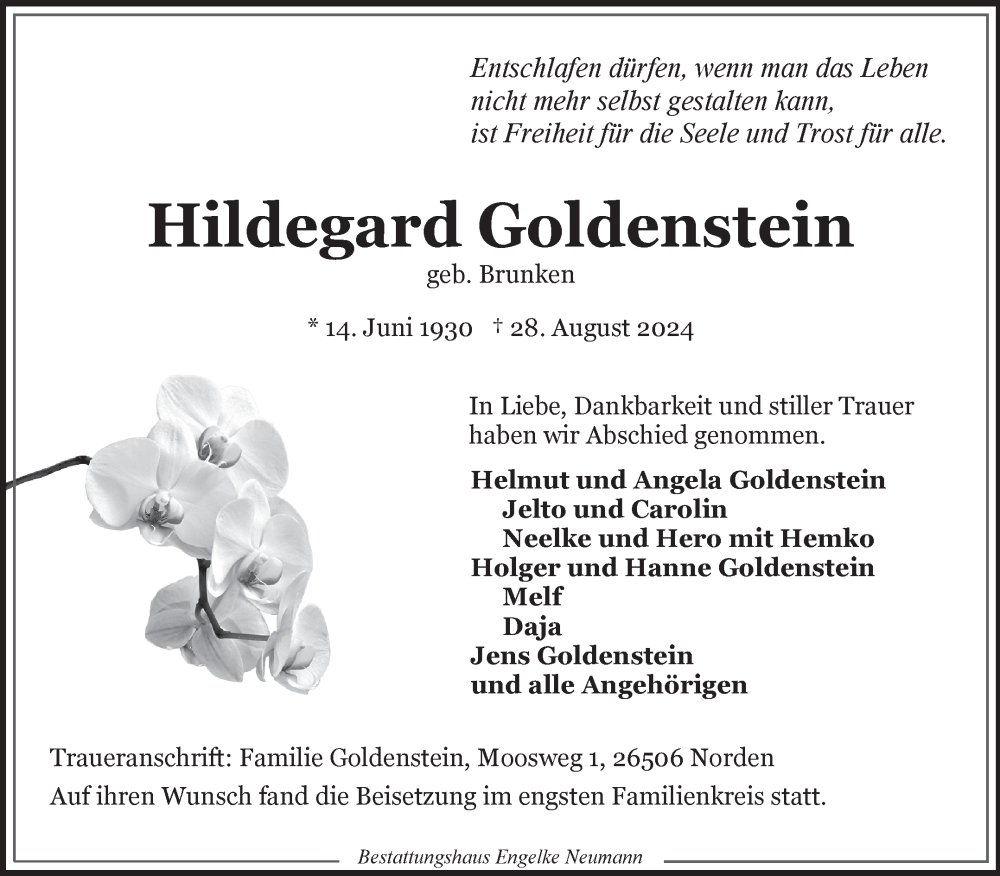  Traueranzeige für Hildegard Goldenstein vom 11.09.2024 aus Ostfriesischer Kurier GmbH