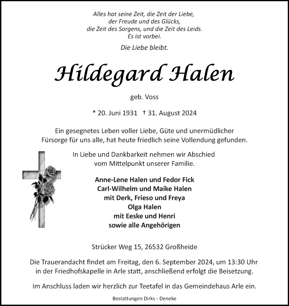  Traueranzeige für Hildegard Halen vom 03.09.2024 aus Ostfriesischer Kurier GmbH