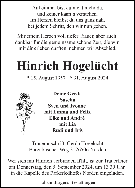 Traueranzeige von Hinrich Hogelücht von Ostfriesischer Kurier GmbH