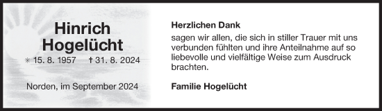 Traueranzeige von Hinrich Hogelücht von Ostfriesischer Kurier GmbH