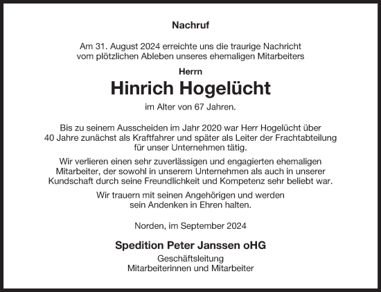 Traueranzeige von Hinrich Hogelücht von Ostfriesischer Kurier GmbH
