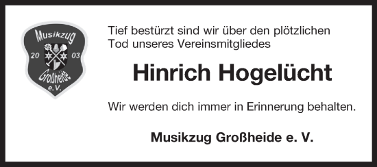 Traueranzeige von Hinrich Hogelücht von Ostfriesischer Kurier GmbH