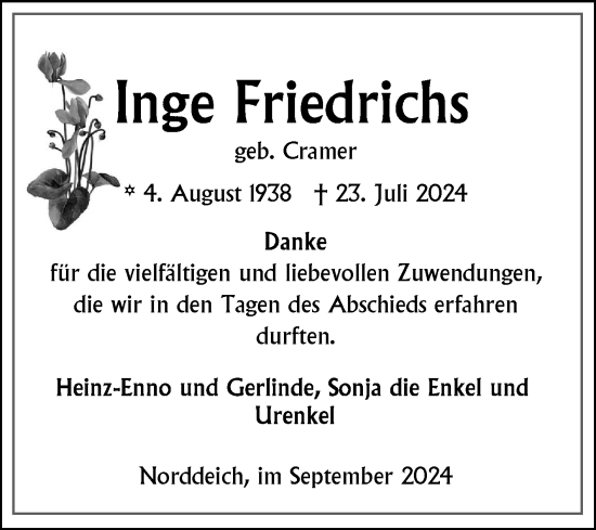 Traueranzeige von Inge Friedrichs von Ostfriesischer Kurier GmbH