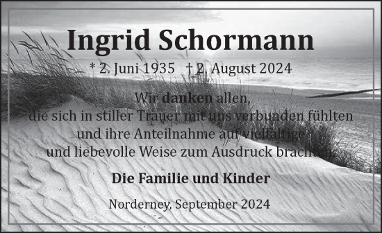 Traueranzeige von Ingrid Schormann von Ostfriesischer Kurier GmbH