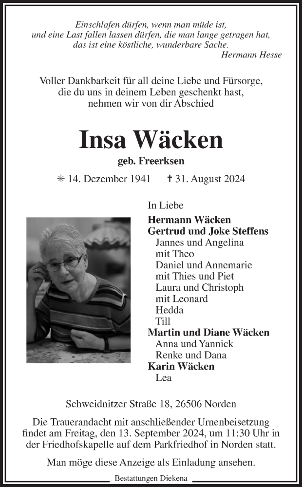  Traueranzeige für Insa Wäcken vom 07.09.2024 aus Ostfriesischer Kurier GmbH