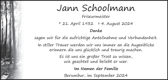 Traueranzeige von Jann Schoolmann von Ostfriesischer Kurier GmbH
