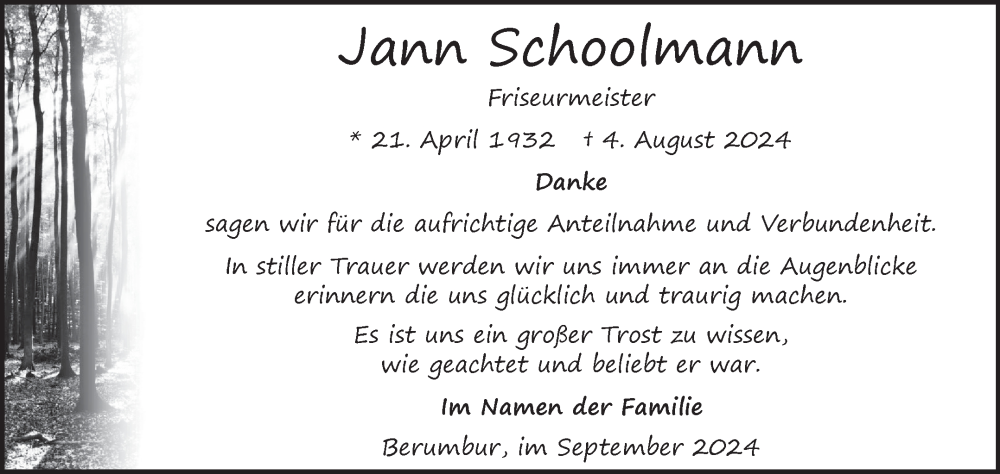  Traueranzeige für Jann Schoolmann vom 14.09.2024 aus Ostfriesischer Kurier GmbH