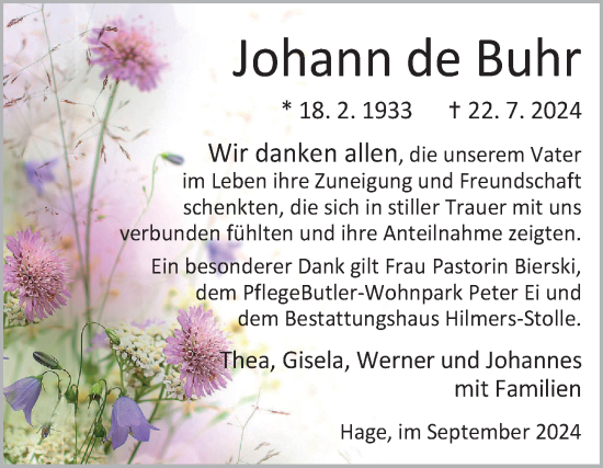 Traueranzeige von Johann de Buhr von Ostfriesischer Kurier GmbH