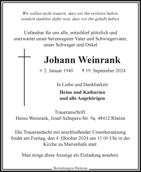 Traueranzeige von Johann Weinrank von Ostfriesischer Kurier GmbH