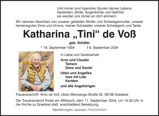 Traueranzeige von Katharina de Voß von Ostfriesischer Kurier GmbH