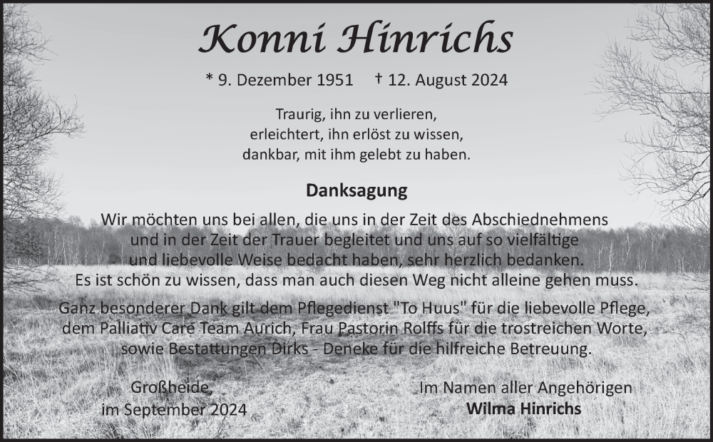  Traueranzeige für Konni Hinrichs vom 14.09.2024 aus Ostfriesischer Kurier GmbH