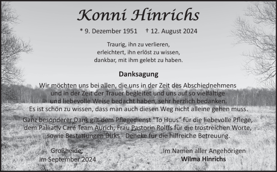 Traueranzeige von Konni Hinrichs von Ostfriesischer Kurier GmbH