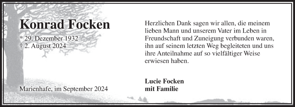  Traueranzeige für Konrad Focken vom 07.09.2024 aus Ostfriesischer Kurier GmbH