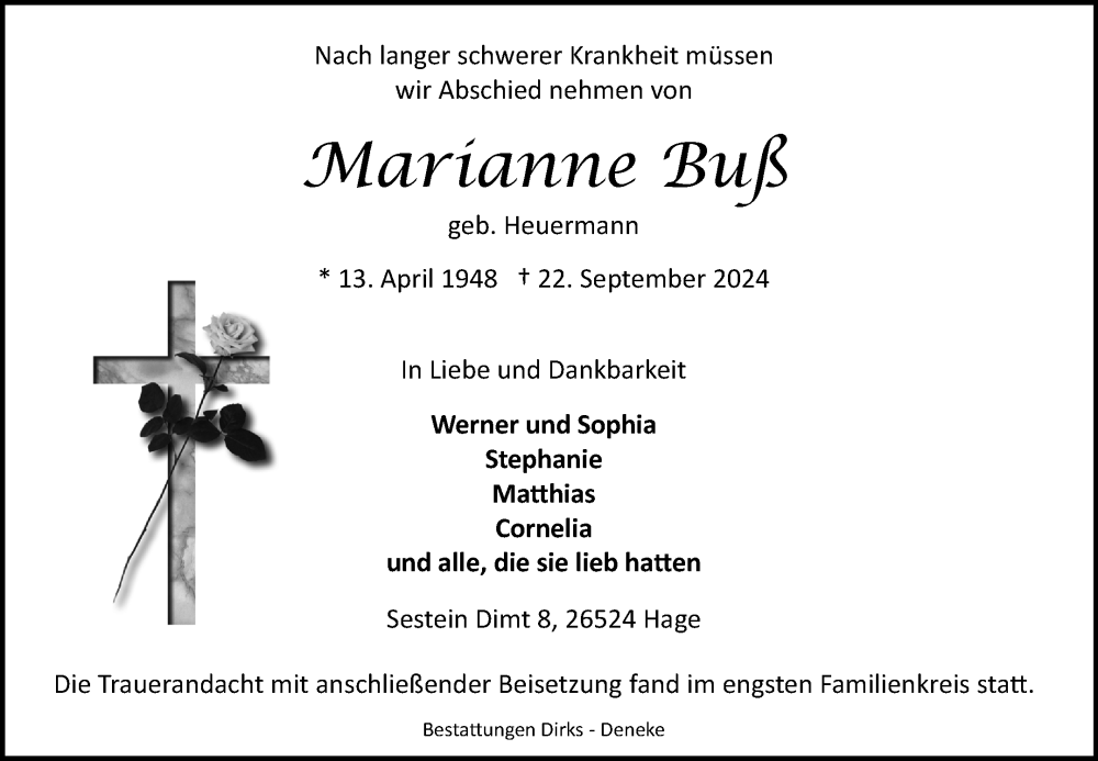  Traueranzeige für Marianne Buß vom 28.09.2024 aus Ostfriesischer Kurier GmbH