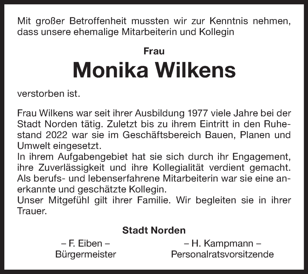  Traueranzeige für Monika Wilkens vom 13.09.2024 aus Ostfriesischer Kurier GmbH