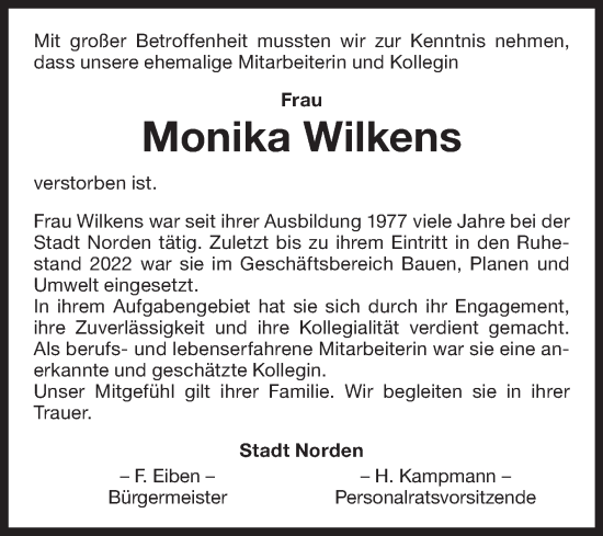 Traueranzeige von Monika Wilkens von Ostfriesischer Kurier GmbH