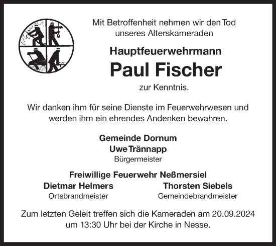 Traueranzeige von Paul Fischer von Ostfriesischer Kurier GmbH