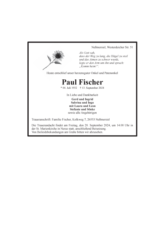 Traueranzeige von Paul Fischer von Ostfriesischer Kurier GmbH