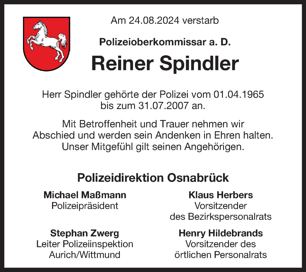  Traueranzeige für Reiner Spindler vom 05.06.2024 aus Ostfriesischer Kurier GmbH