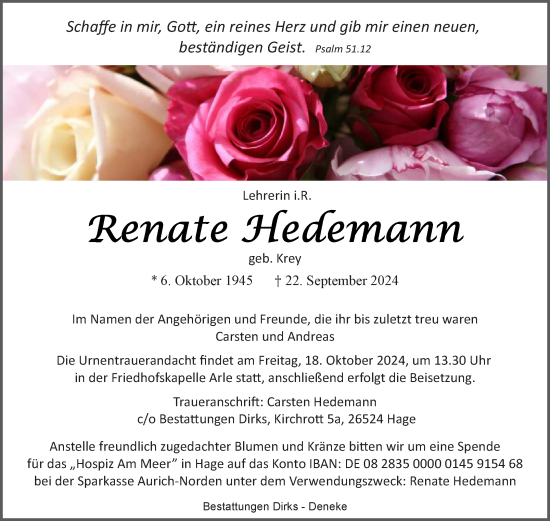 Traueranzeige von Renate Hedemann von Ostfriesischer Kurier GmbH