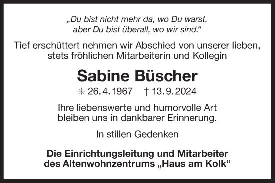 Traueranzeige von Sabine Büscher von Ostfriesischer Kurier GmbH