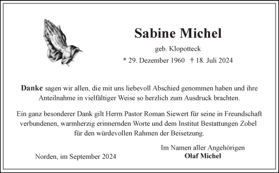 Traueranzeige von Sabine Michel von Ostfriesischer Kurier GmbH