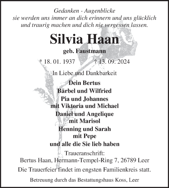 Traueranzeige von Silvia Haan von Ostfriesischer Kurier GmbH