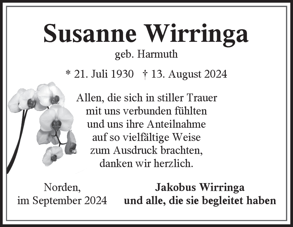  Traueranzeige für Susanne Wirringa vom 21.09.2024 aus Ostfriesischer Kurier GmbH