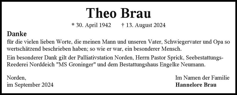  Traueranzeige für Theo Brau vom 21.09.2024 aus Ostfriesischer Kurier GmbH
