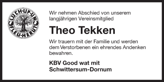 Traueranzeige von Theo Tekken von Ostfriesischer Kurier GmbH