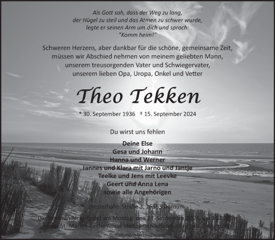 Traueranzeige von Theo Tekken von Ostfriesischer Kurier GmbH
