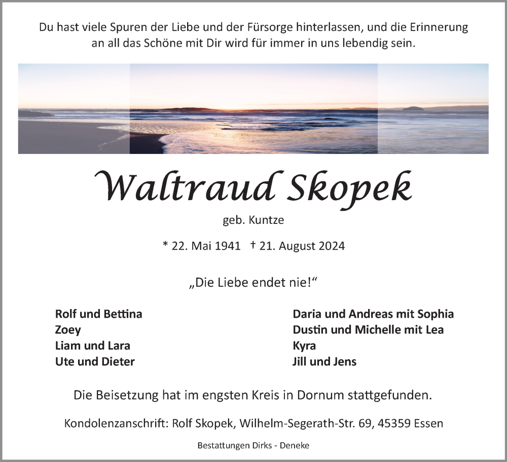  Traueranzeige für Waltraud Skopek vom 07.09.2024 aus Ostfriesischer Kurier GmbH