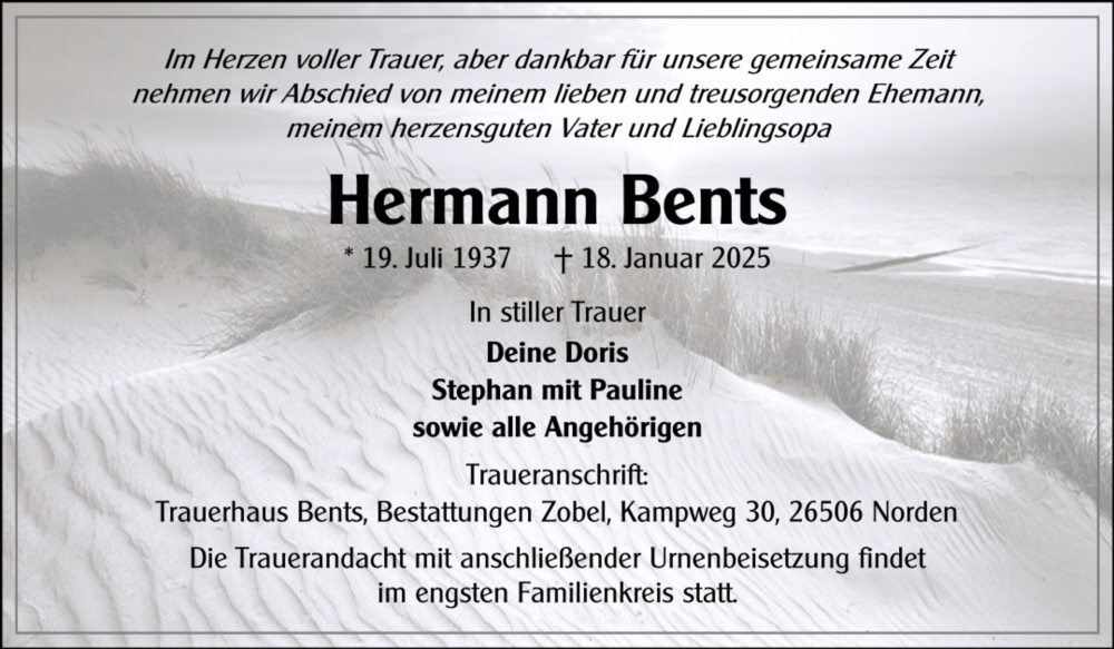  Traueranzeige für Hermann Bents vom 25.01.2025 aus Ostfriesischer Kurier GmbH