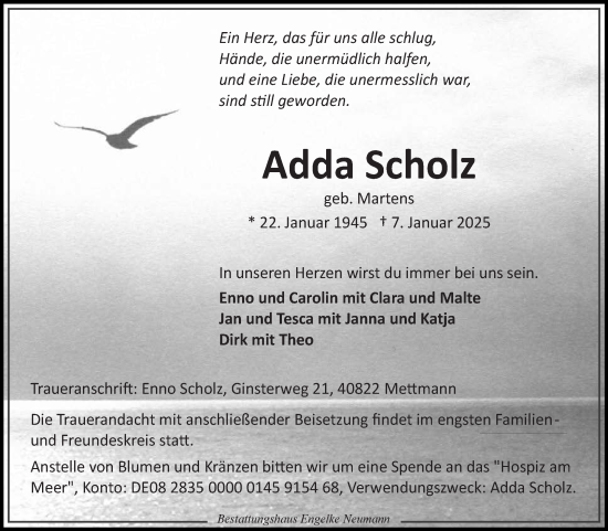 Traueranzeige von Adda Scholz von Ostfriesischer Kurier GmbH