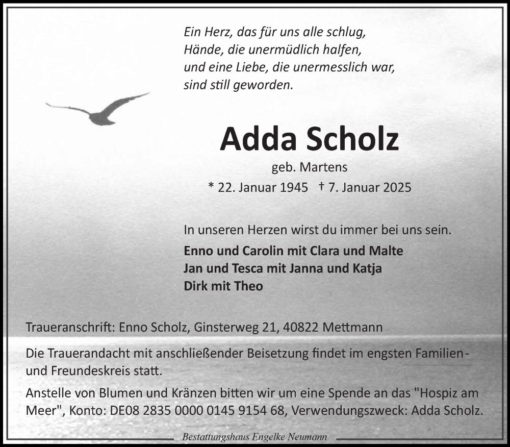  Traueranzeige für Adda Scholz vom 11.01.2025 aus Ostfriesischer Kurier GmbH