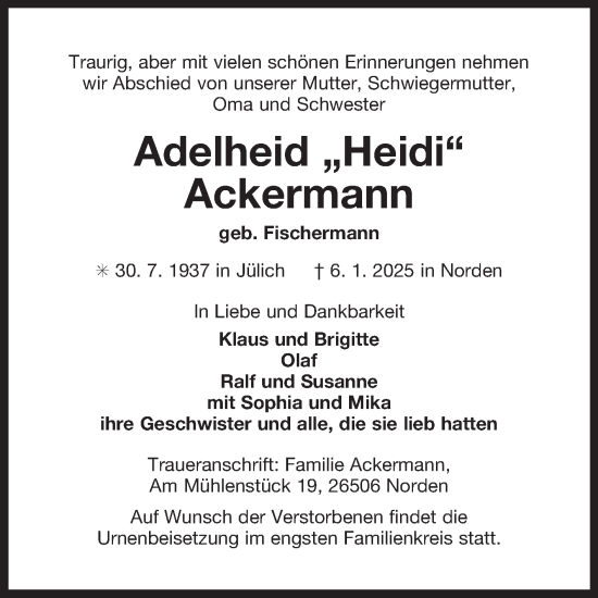 Traueranzeige von Adelheid Ackermann von Ostfriesischer Kurier GmbH